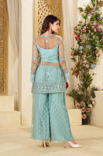 Butterfly Net Co-ord Set with Sequin Embroidery | Top, Plazzo & Micro Blouse