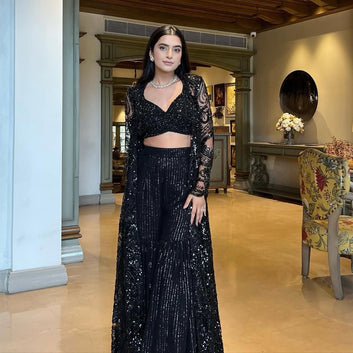 Butterfly Glow 3-Piece Black Dress With Soft Butterfly Net Thread & Sequin Work