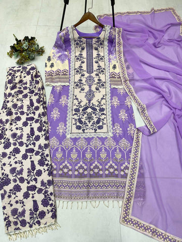 DESIGNER WEAR PRINTED KURTA PANT SUIT IN THREE PIECE WITH REAL MIRROR WORK