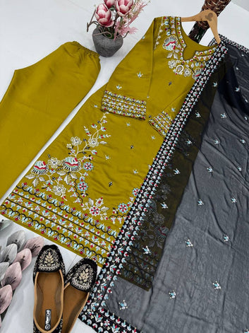 Designer 3-Piece Party Wear Suit in Heavy Roman Silk with Sequin Embroidery