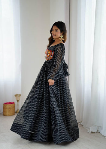 Flared Georgette Maxi with Balloon Sleeves & Soft Micro Lining