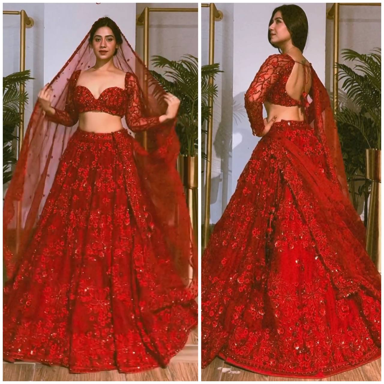 Candy red flared Lehenga with gold beadwork – Ricco India